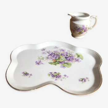 Plat à gâteau et pot à lait porcelaine motif violettes