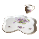 Plat à gâteau et pot à lait porcelaine motif violettes