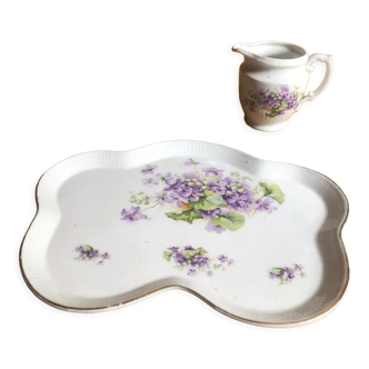 Plat à gâteau et pot à lait porcelaine motif violettes