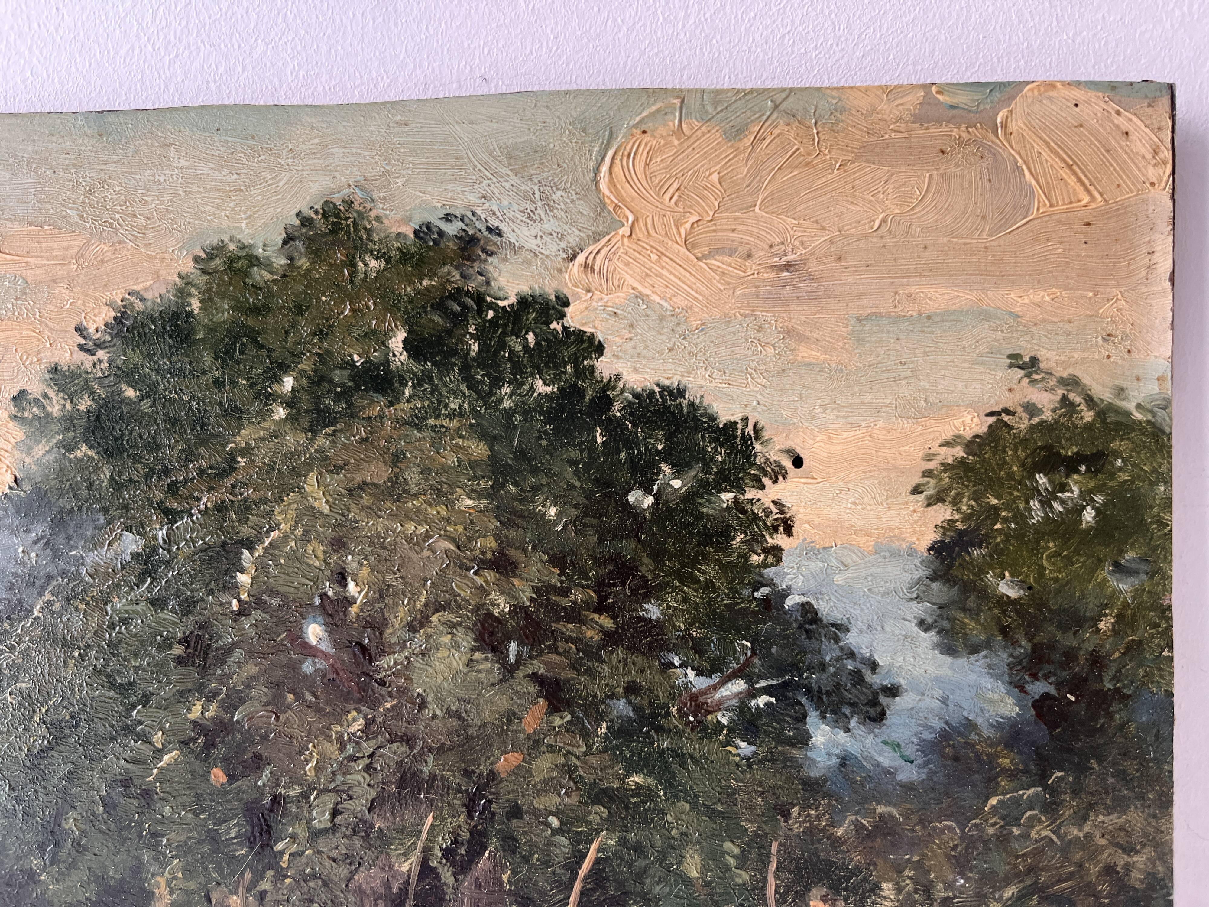 Oil painting of a countryside landscape circa 1920, rural scene signed.