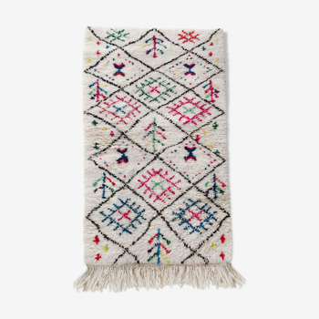 Tapis berbère marocain azilal écru à losanges et motifs colorés 172x92cm