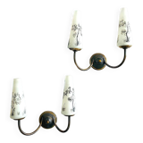Pair Mid century brass and glass double wall sconces