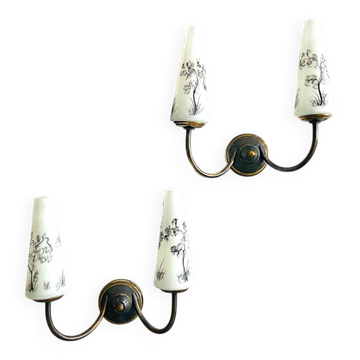 Pair Mid century brass and glass double wall sconces