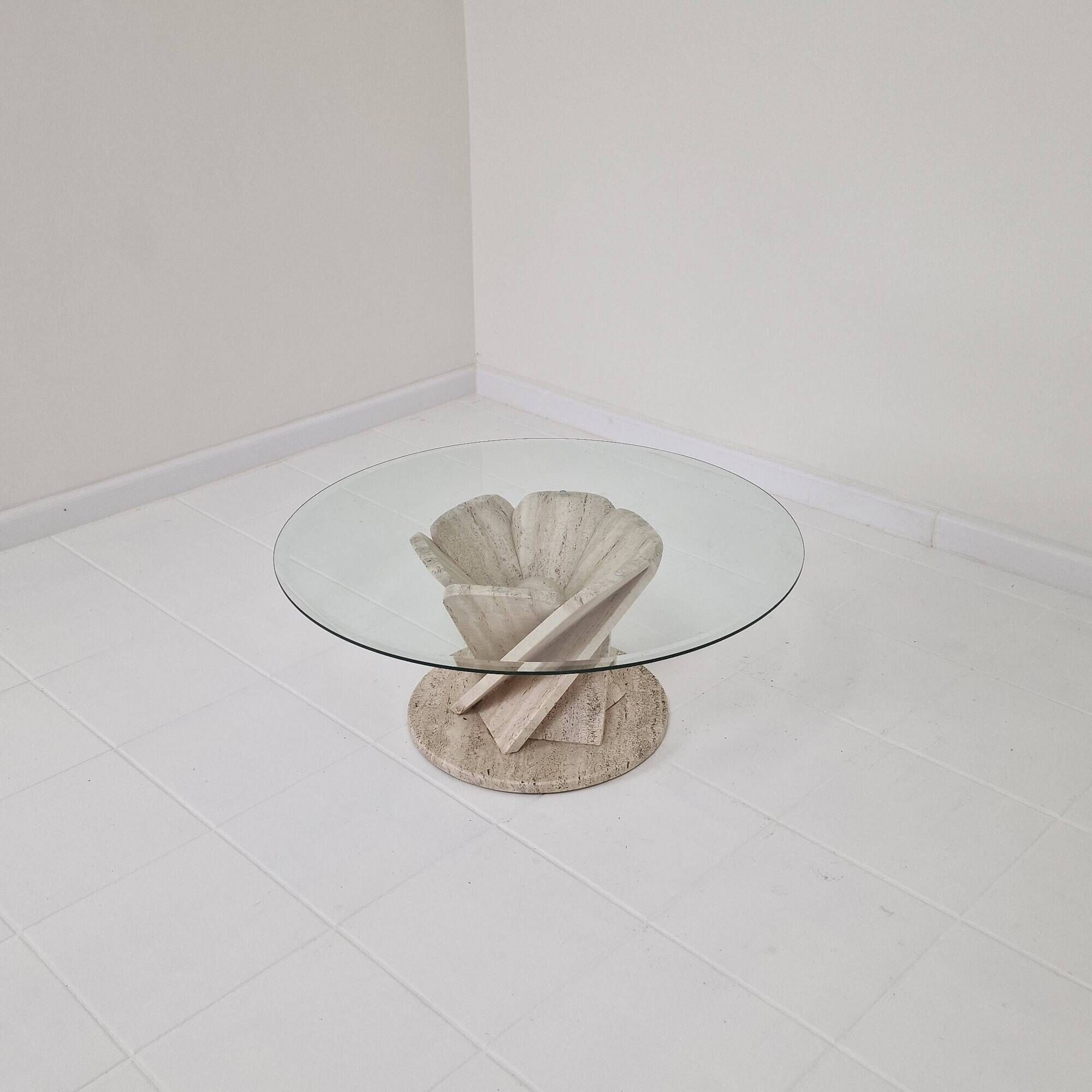 Italian "Flower" Coffee Table in Travertine With Facet-cut Round Plate, 1980s