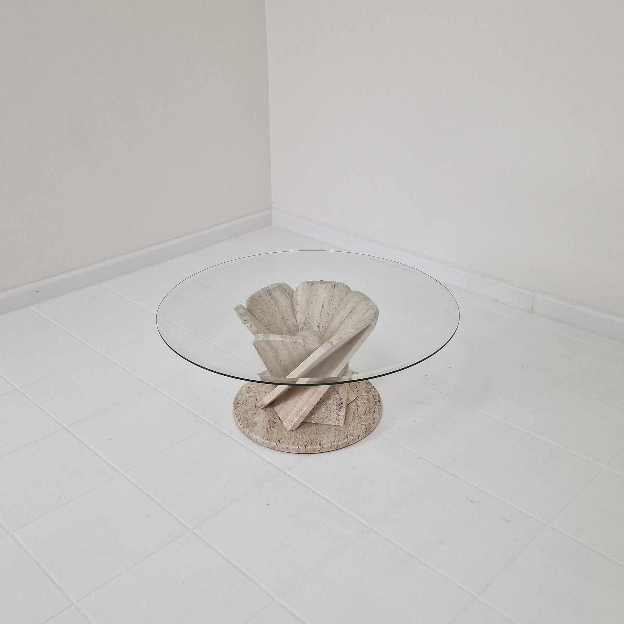 Italian "Flower" Coffee Table in Travertine With Facet-cut Round Plate, 1980s