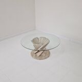 Italian "Flower" Coffee Table in Travertine With Facet-cut Round Plate, 1980s