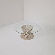 Italian "Flower" Coffee Table in Travertine With Facet-cut Round Plate, 1980s