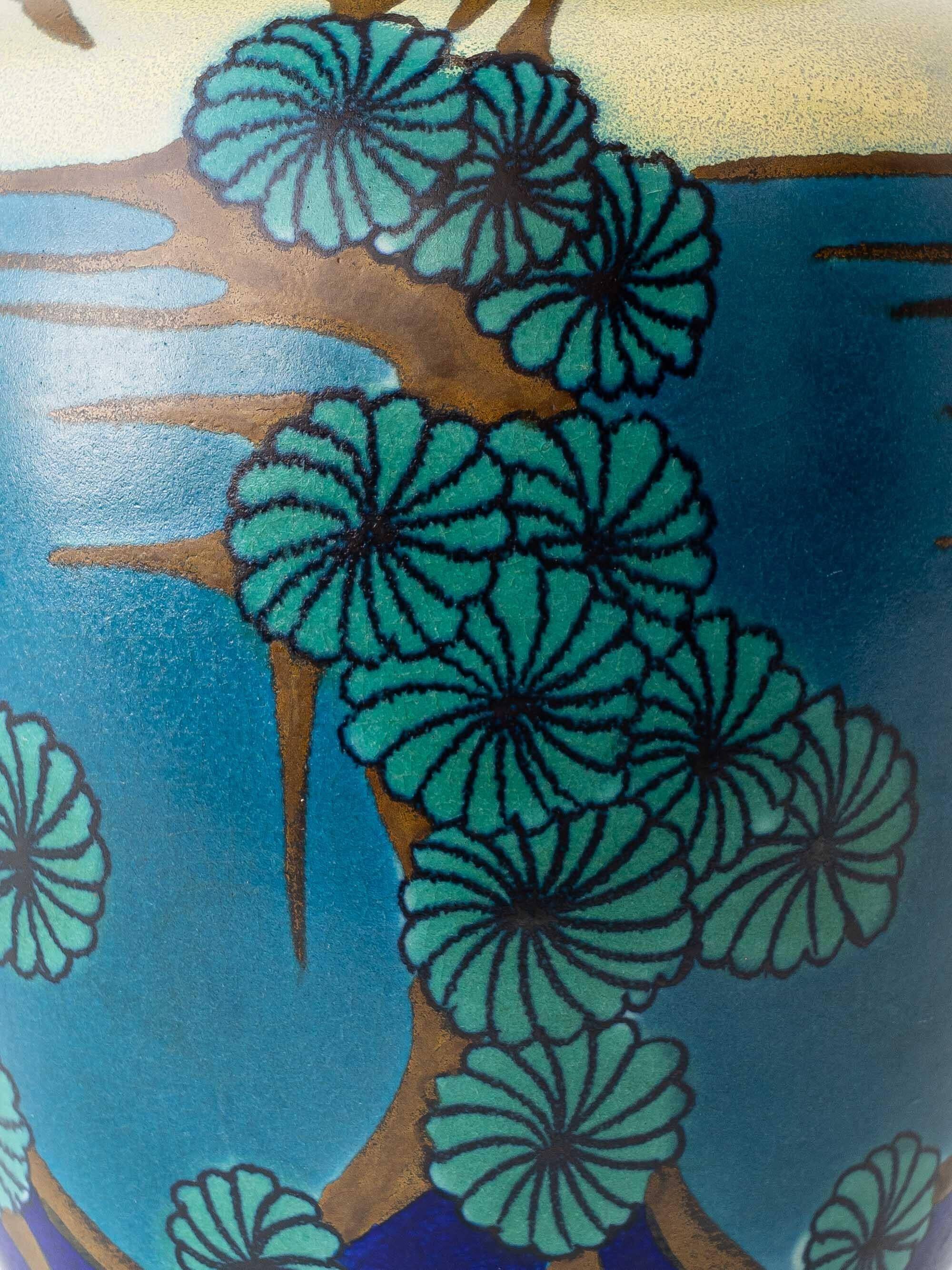 Art Deco Japonisme ceramic table lamp, 1928, new silk sari ribbon lampshade.