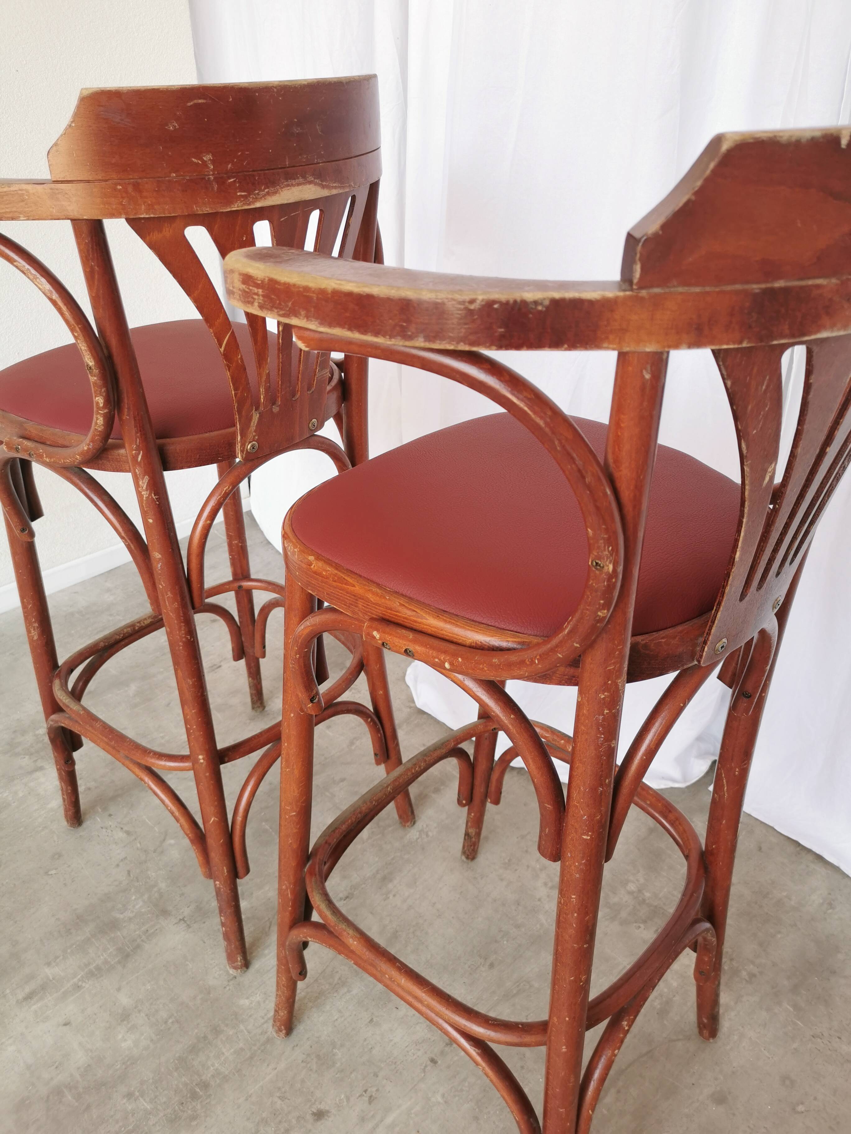 Set of 2 Vintage Bar Chairs: Red Leather Seat, High Pub Stools