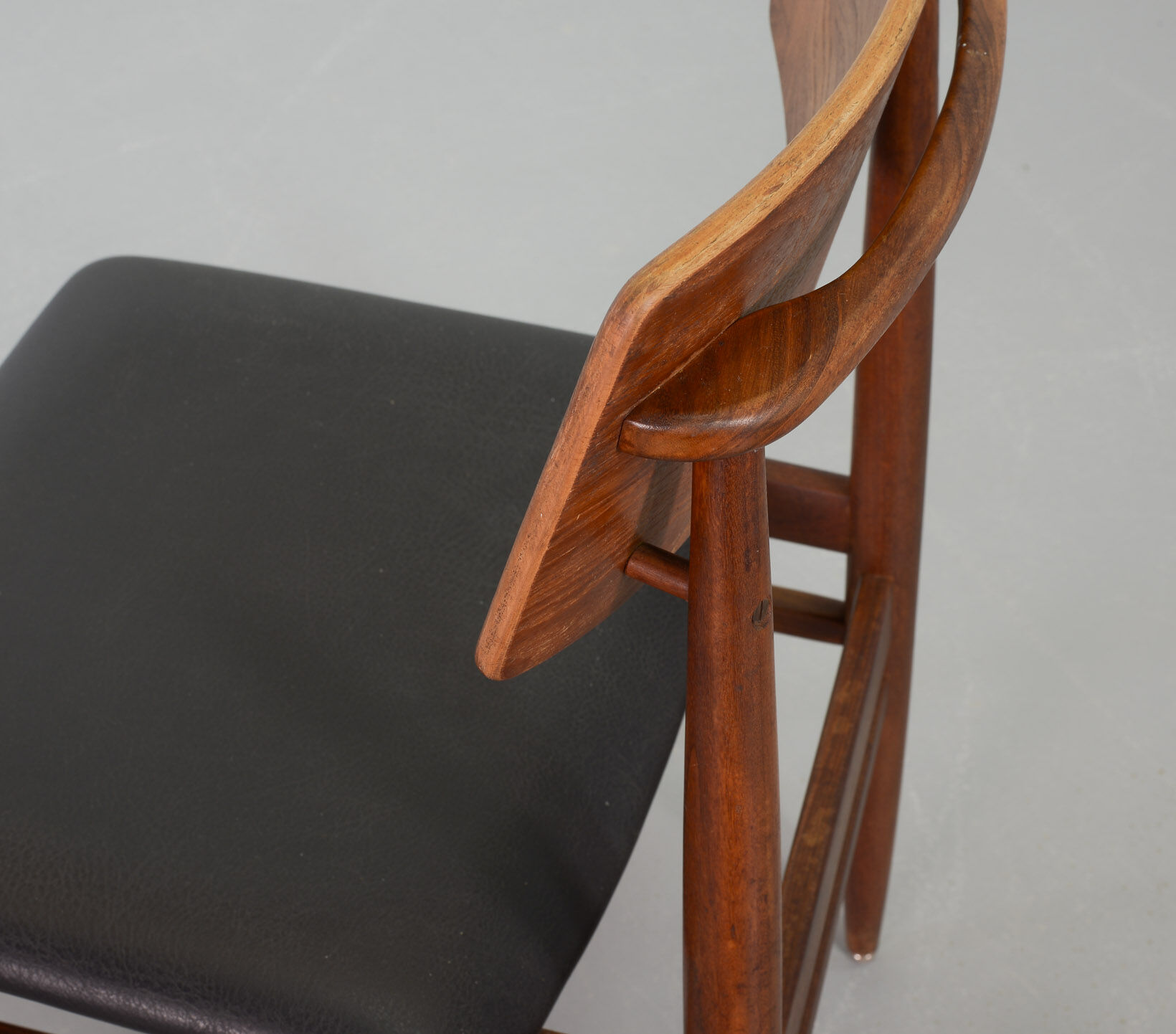 Danish Solid Teak Wooden Dining Chairs with Black Leatherette Seating 1960s