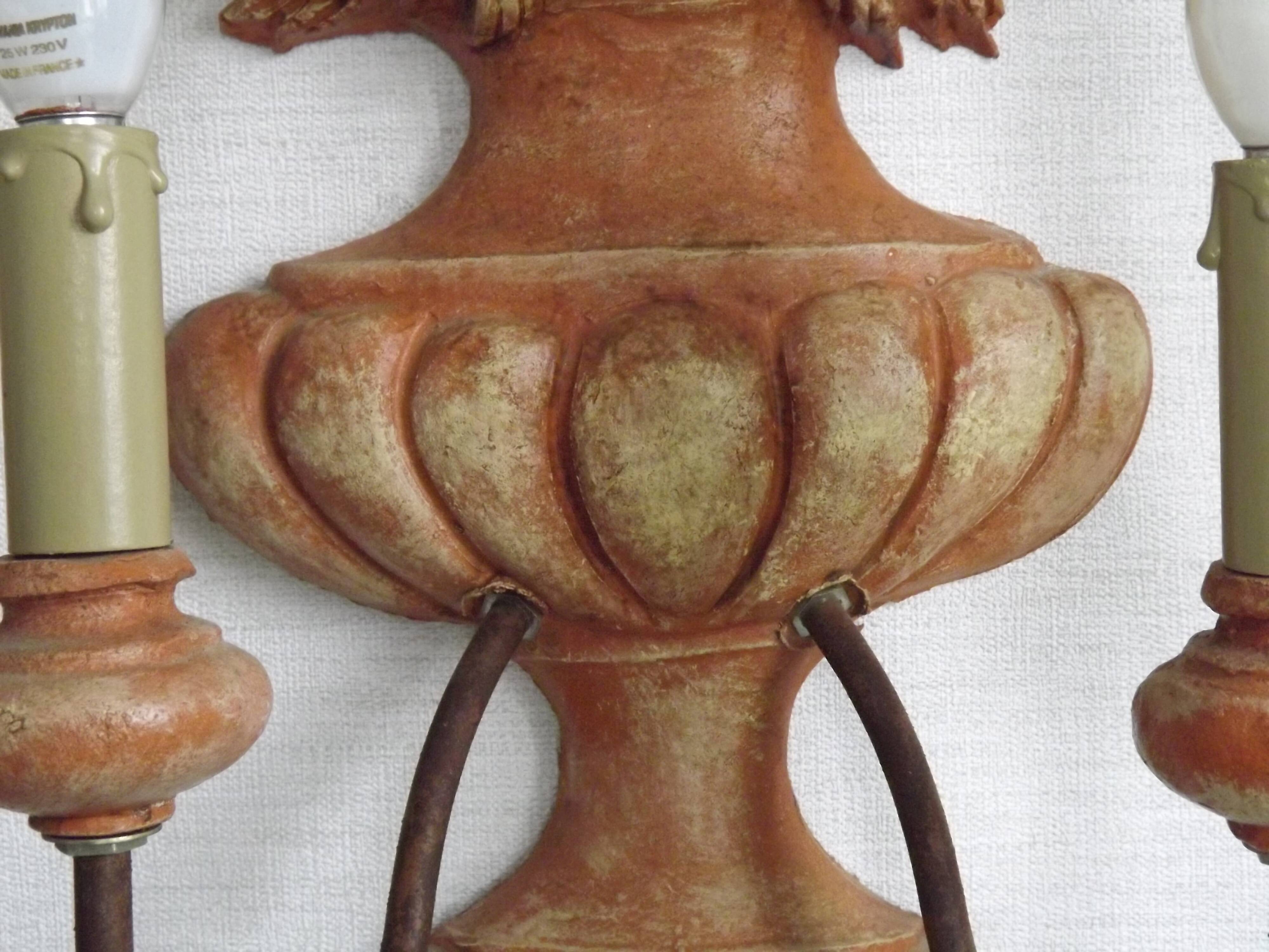 Rare Large Pair of French Terracotta Urn Fruit Basket Double Wall Lights