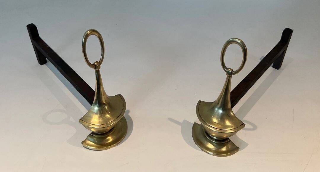 Pair of Bronze Chenets in Neoclassical Style in the Form of an Oil Lamp