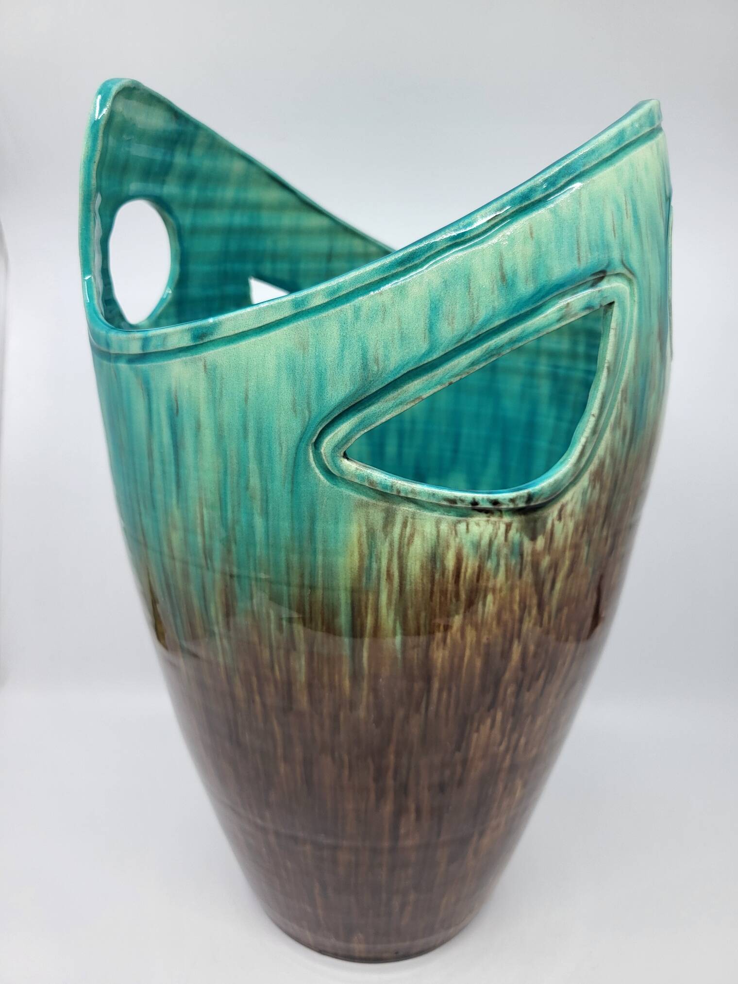 Vase Accolay signé J C en céramique Marron, Bleu France Vintage Design 1960