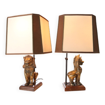 Pair of table lamps with gilt bronze Singha lions – Thailand, 1970s