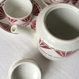 Set of 3 saucer cups and a ceramic coffee maker or teapot Digoin Sarreguemines