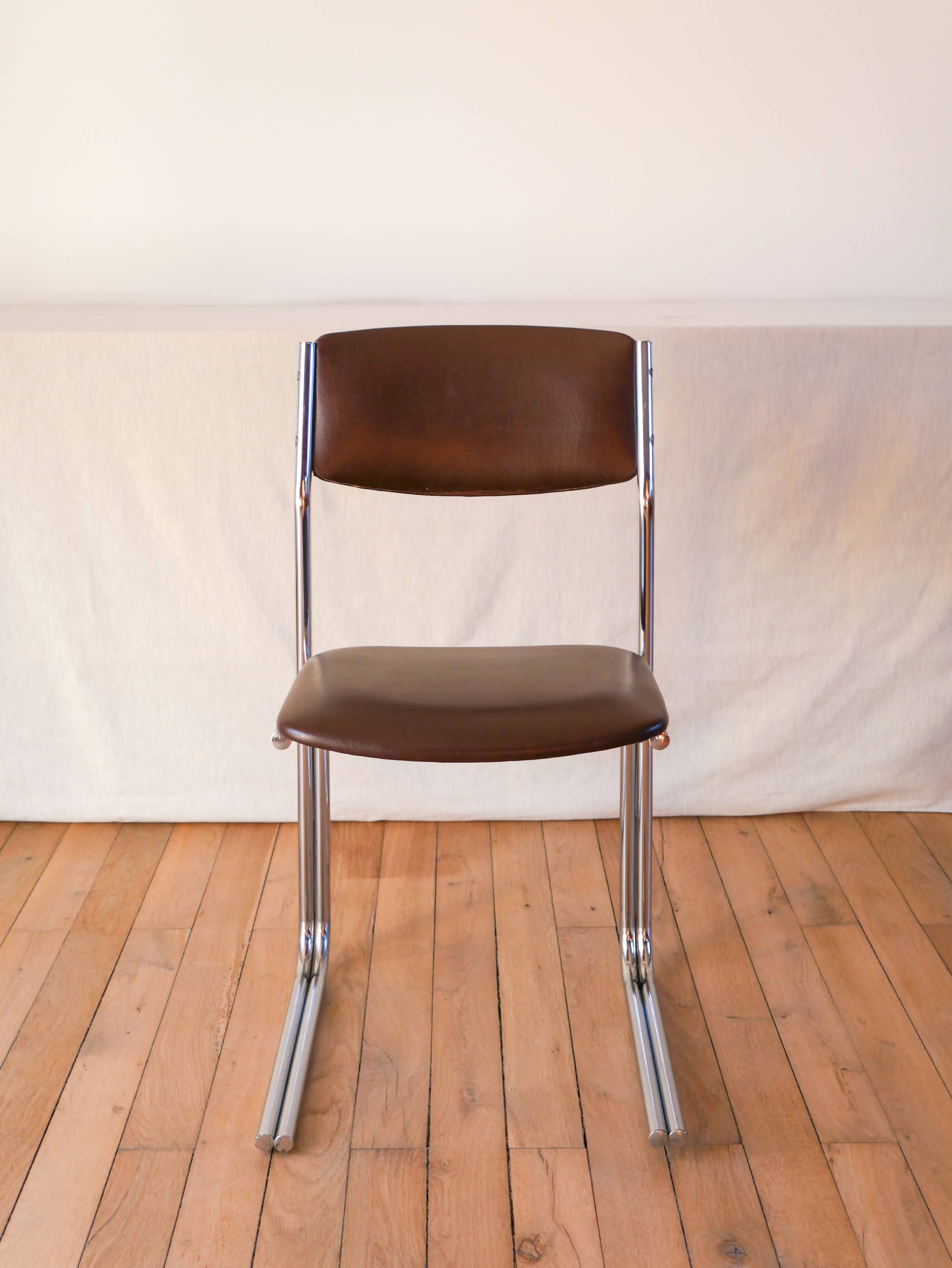 Office chair in brown skai and chrome tubular legs design 1970