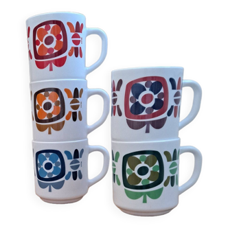 Lot de 5 mugs Mobil Arcopal vintage années 70.