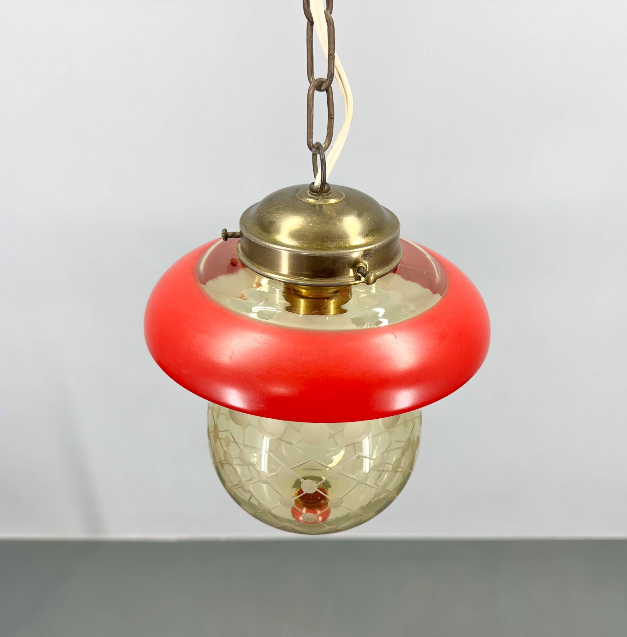 Suspension champignon en verre taillé et laiton des années 1950, Allemagne