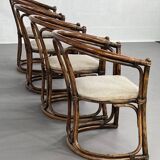 Round Oak Dining Table and Rattan Armchairs, Set of 5