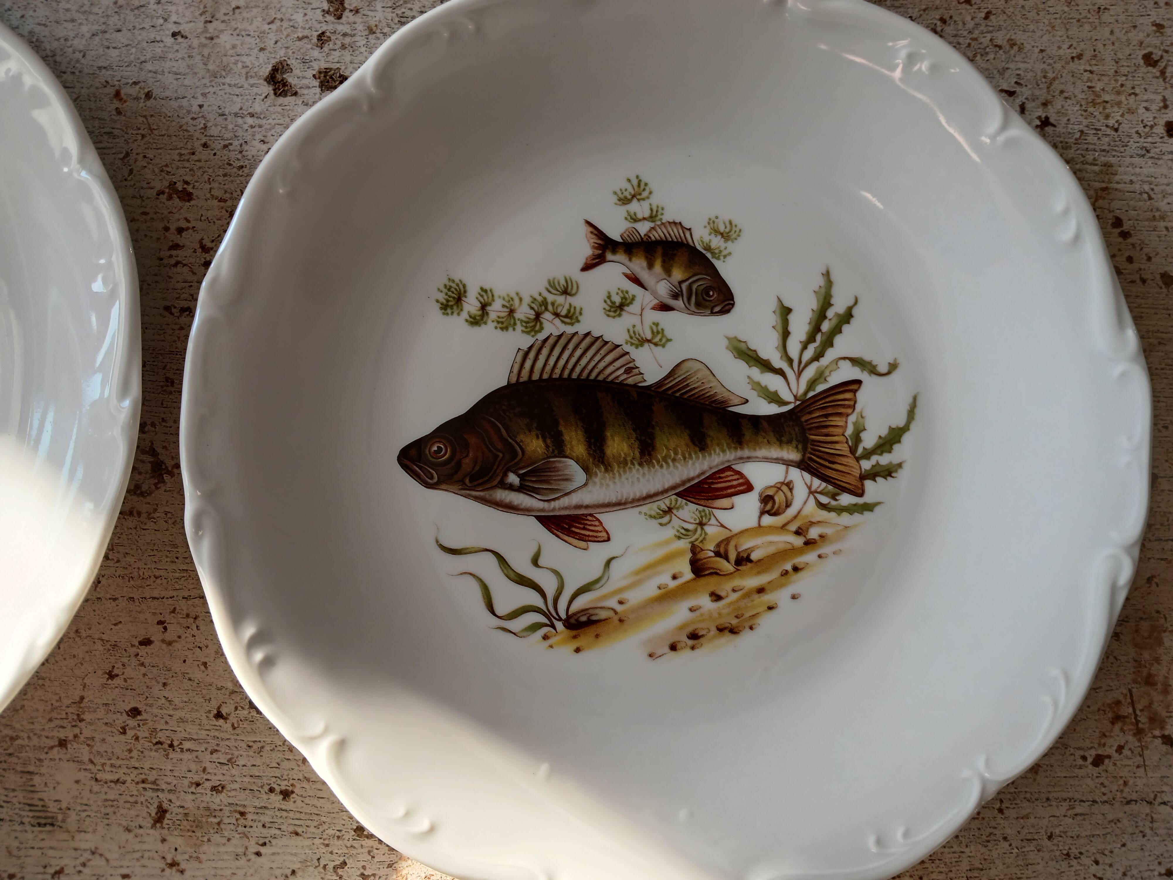 11 dinner plates, one large oval dish, and one gravy boat.