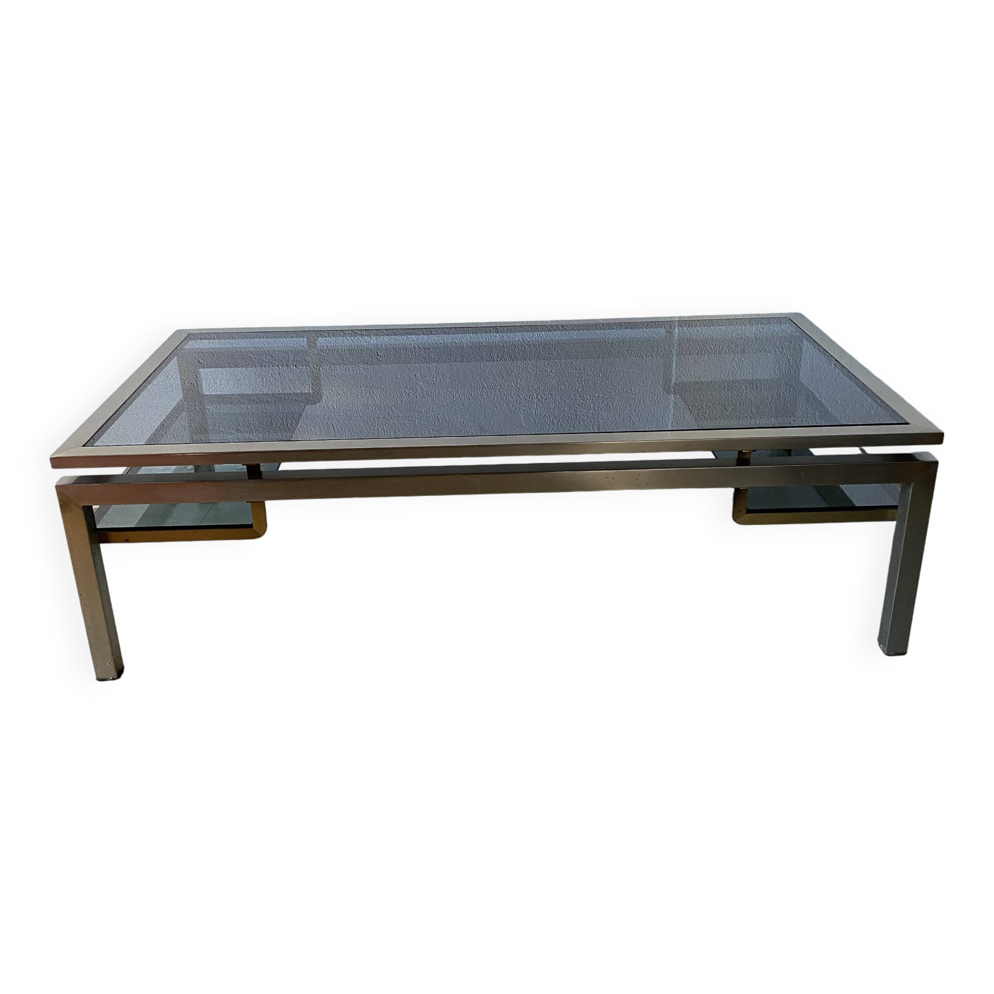 Guy Lefèvre Coffee Table for Maison Jansen, Brushed Steel and Brass
