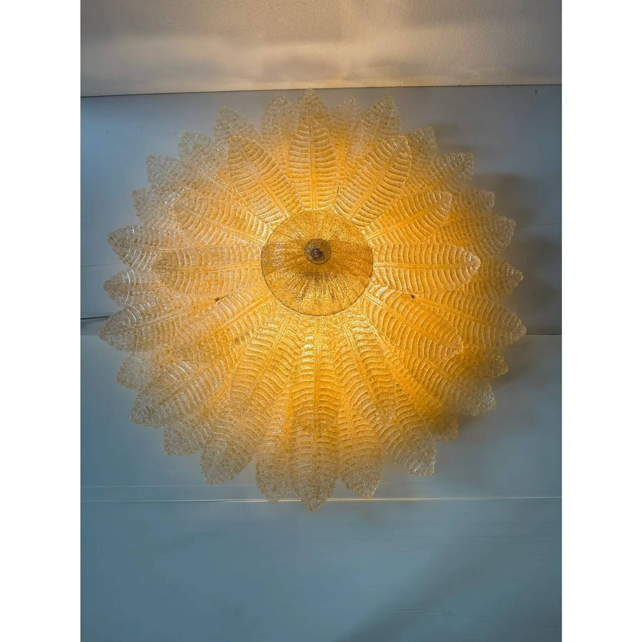 Luxury Venetian Amber ” Leaves Graniglia” Murano Glass Flush Mount