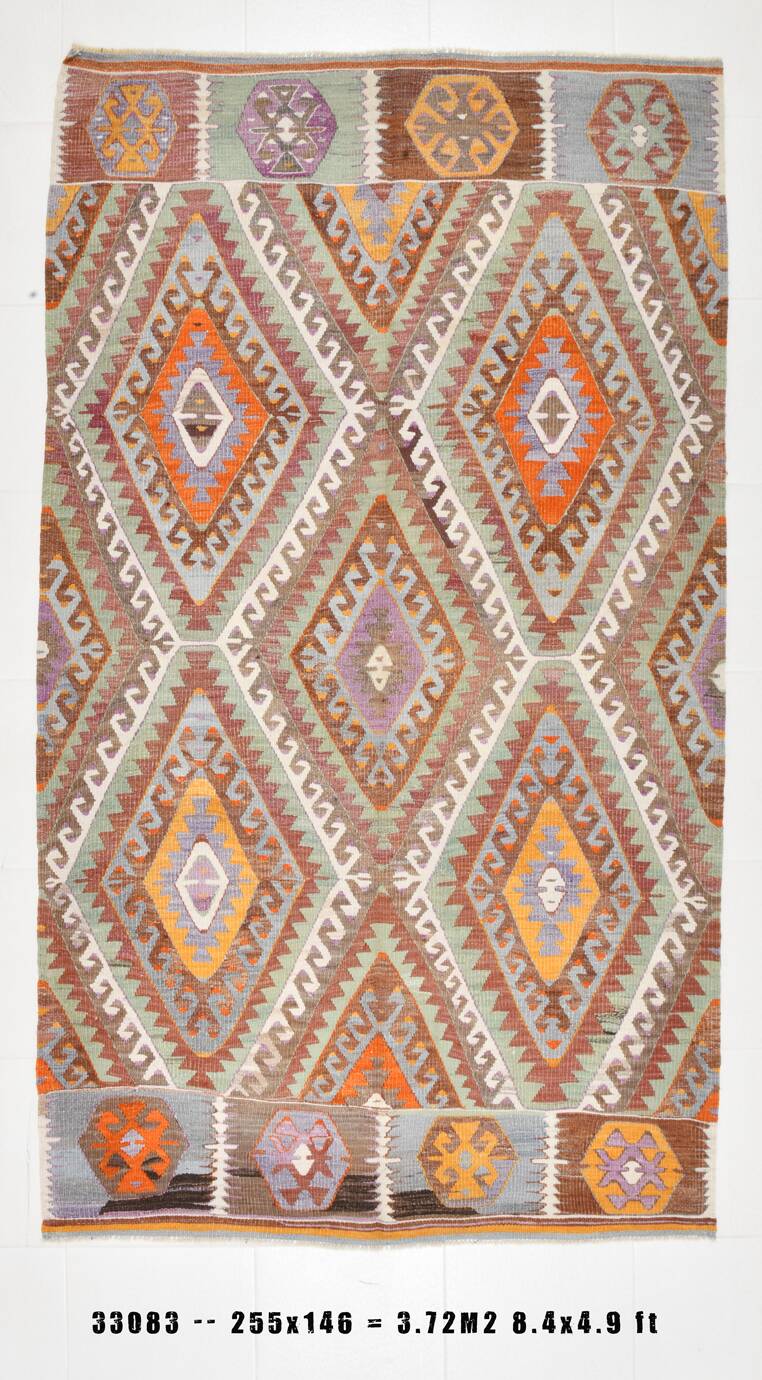 5x8 Green & Orange Tribal Vintage Kilim Rug, 146x255Cm SK 33083