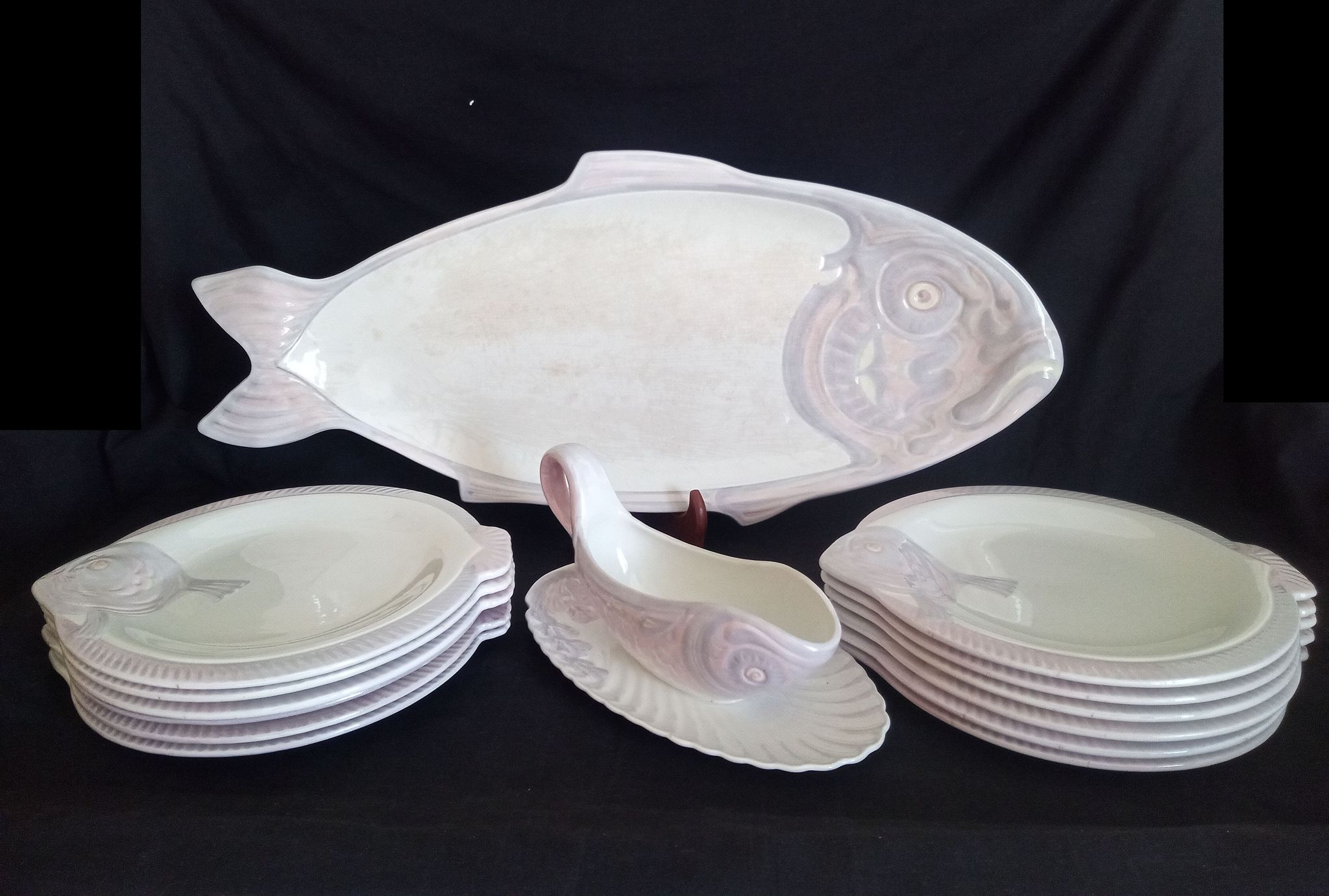 Antique Longwy ceramic fish service for 12 people, Copenhagen pattern, 1890-1939