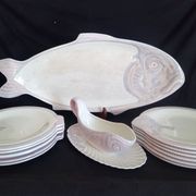 Antique Longwy ceramic fish service for 12 people, Copenhagen pattern, 1890-1939