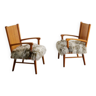 Pair of Early Swedish Mid Century Modern Armchairs In Pine, 1940s
