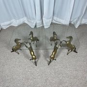 Hollywood Regency style coffee table, 6 patinated brass horses and glass top, 1970.