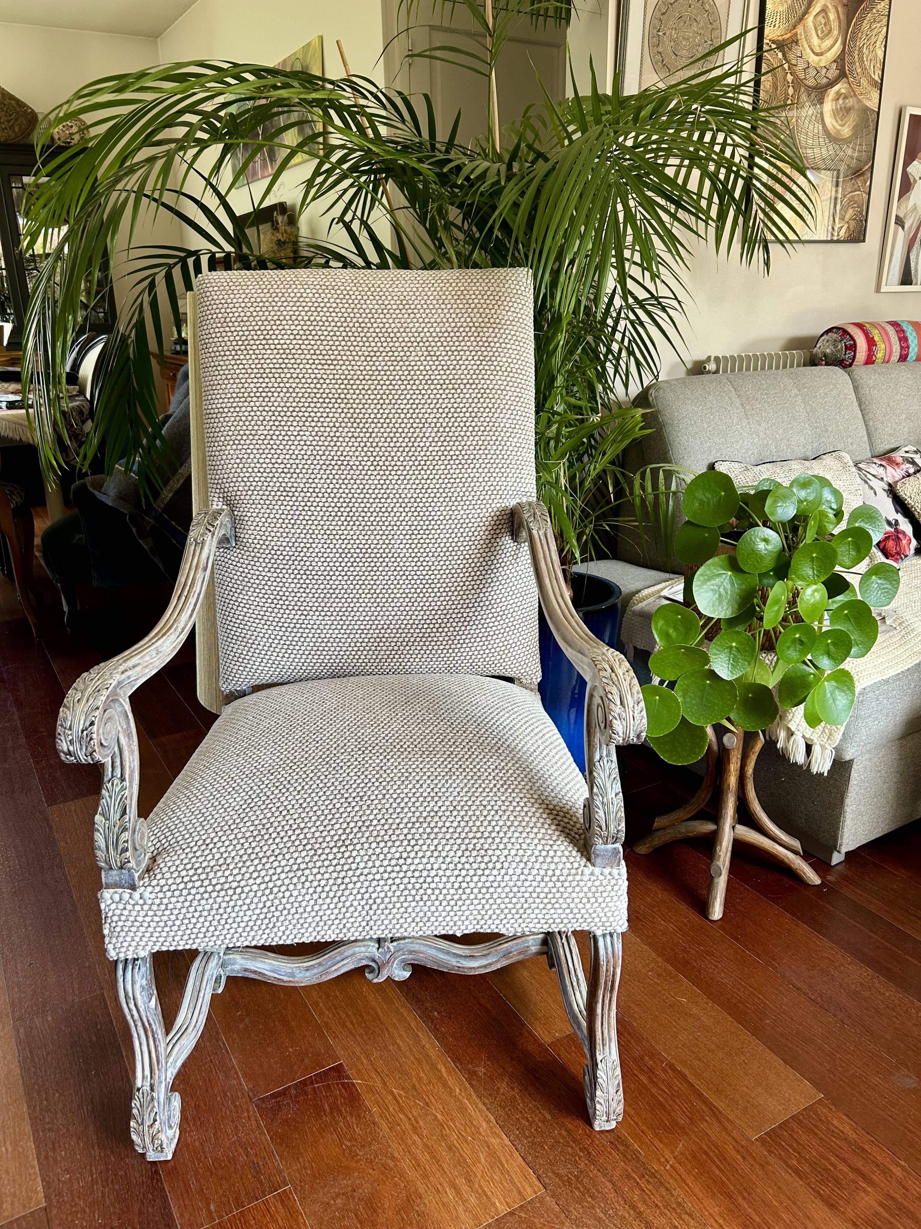 Restored Louis XIII armchair – textured beige fabric