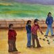 Jeux des Boules (1979) by Rossignol — Blue canvas painting, 61 x 38 x 3 cm, vintage French scene