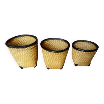 set of 3 nesting baskets in woven bamboo and leather