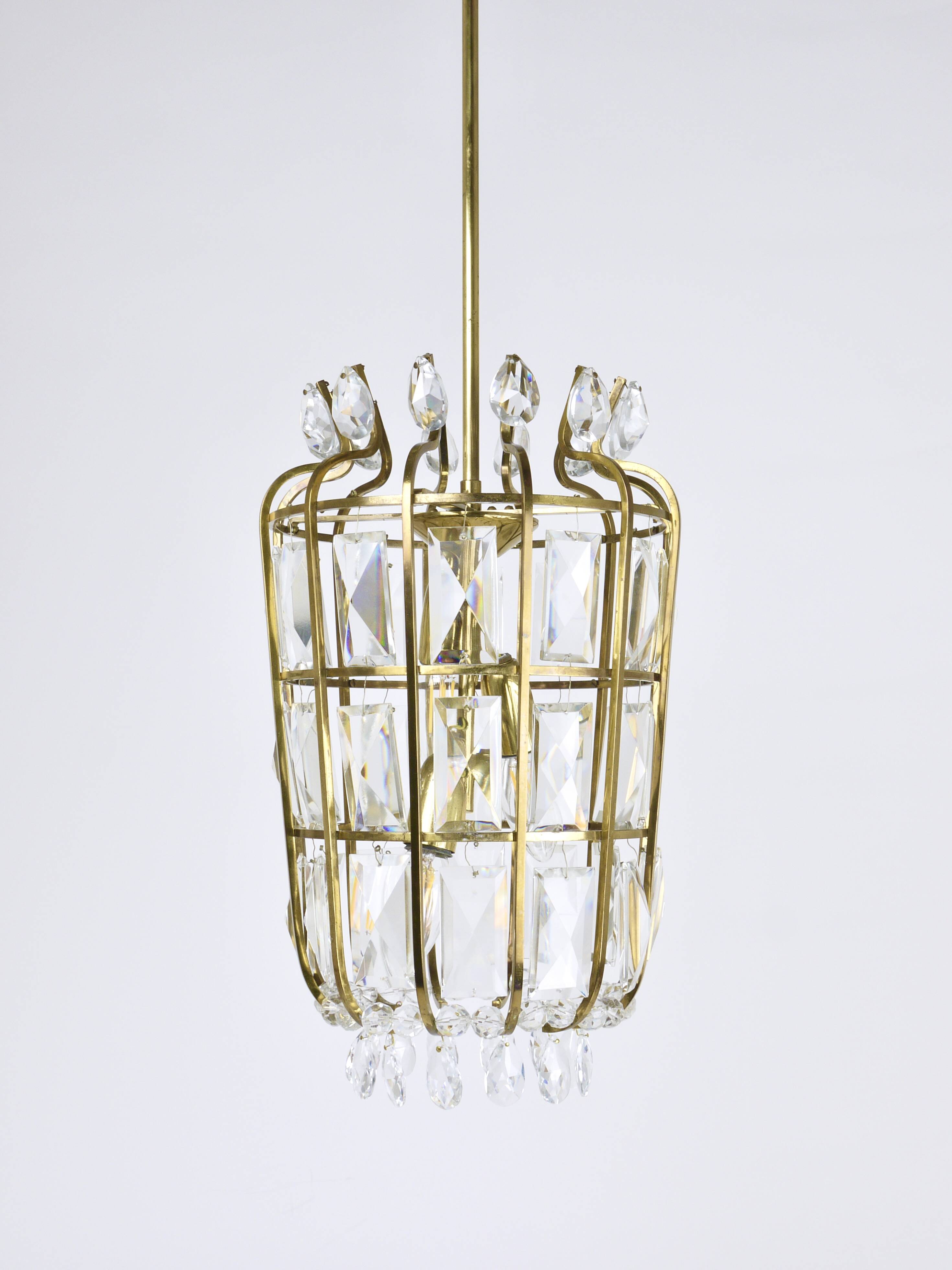 Bakalowits Vienna Brass & Crystal Chandelier Lantern Pendant Lamp, Austria, 1950