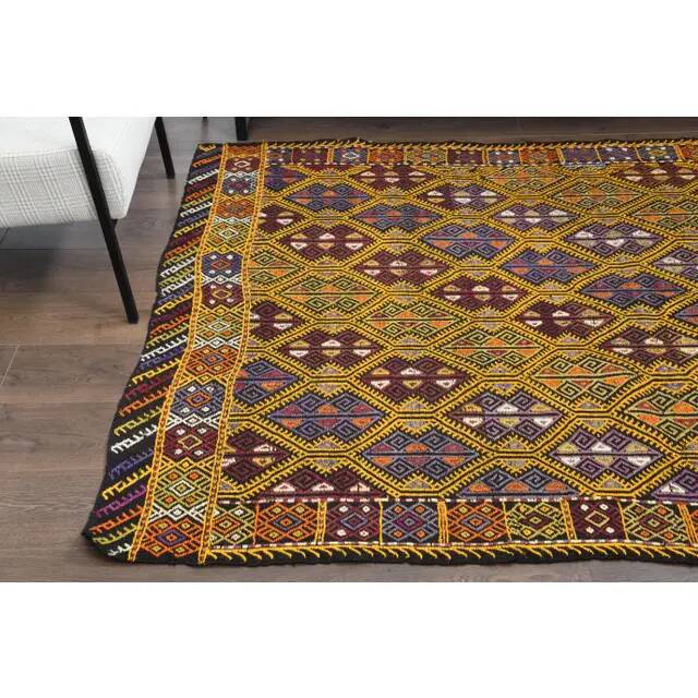 Vintage Turkish Oushak Handmade Wool & Cotton Yellow Area Rug 155x223