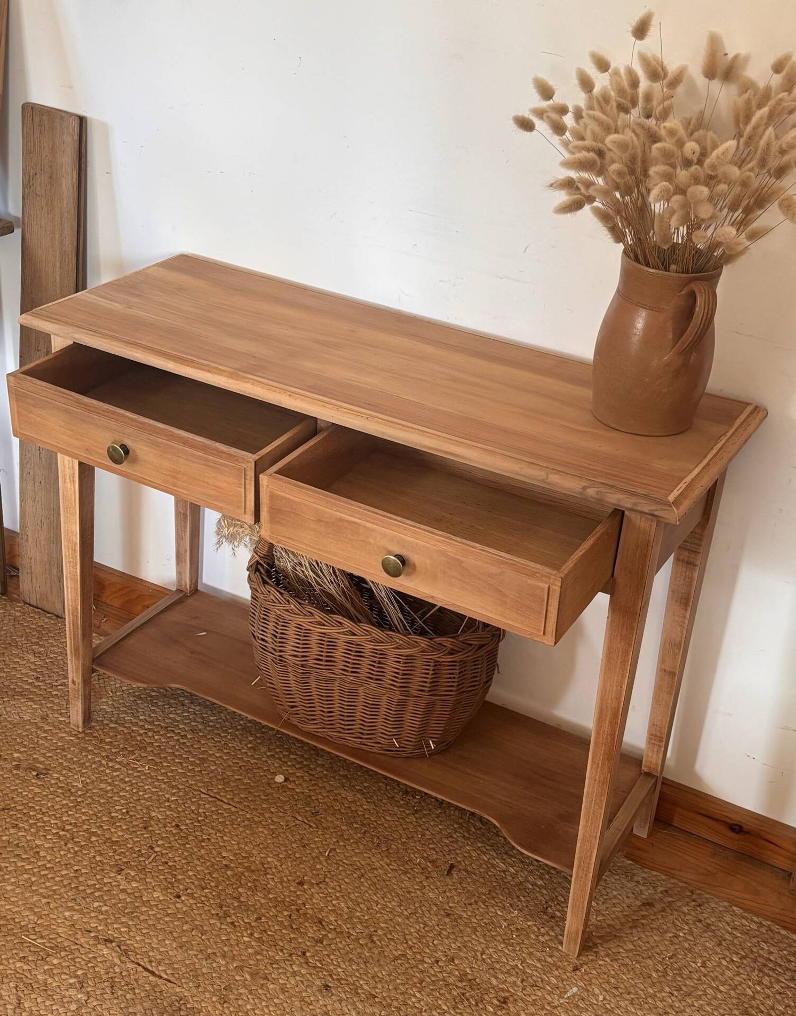 Old solid wood console with 2 drawers.