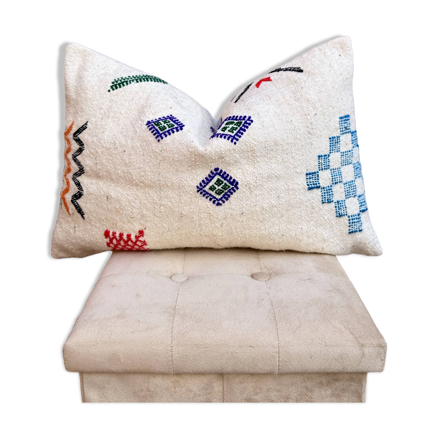 Handmade Moroccan Cushion Cover (60x40 cm) White, Kilim Rug Cushion Cover.