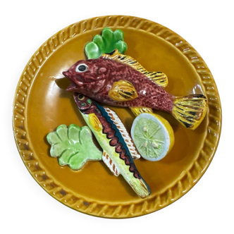 Vintage wall plate in Palissy Majolica - Fish Decor