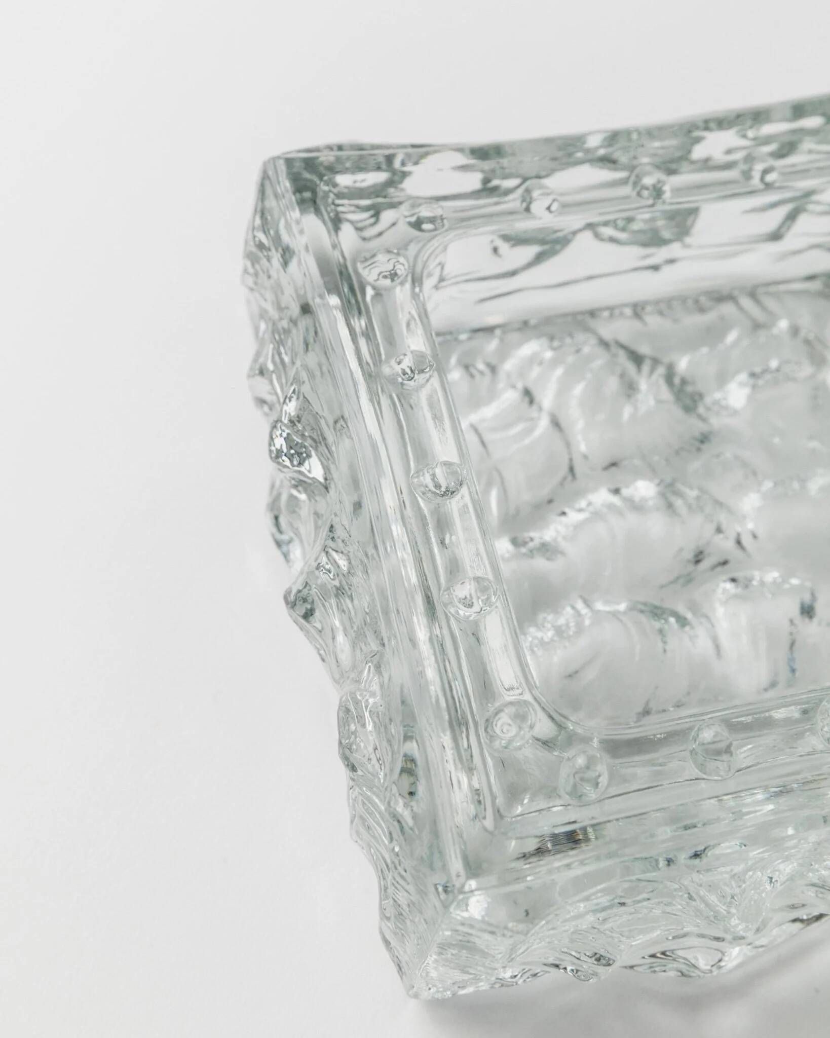 Large Vintage Murano Glass Ashtray - Transparent Glass with Ice Texture, Italian 1970s Design