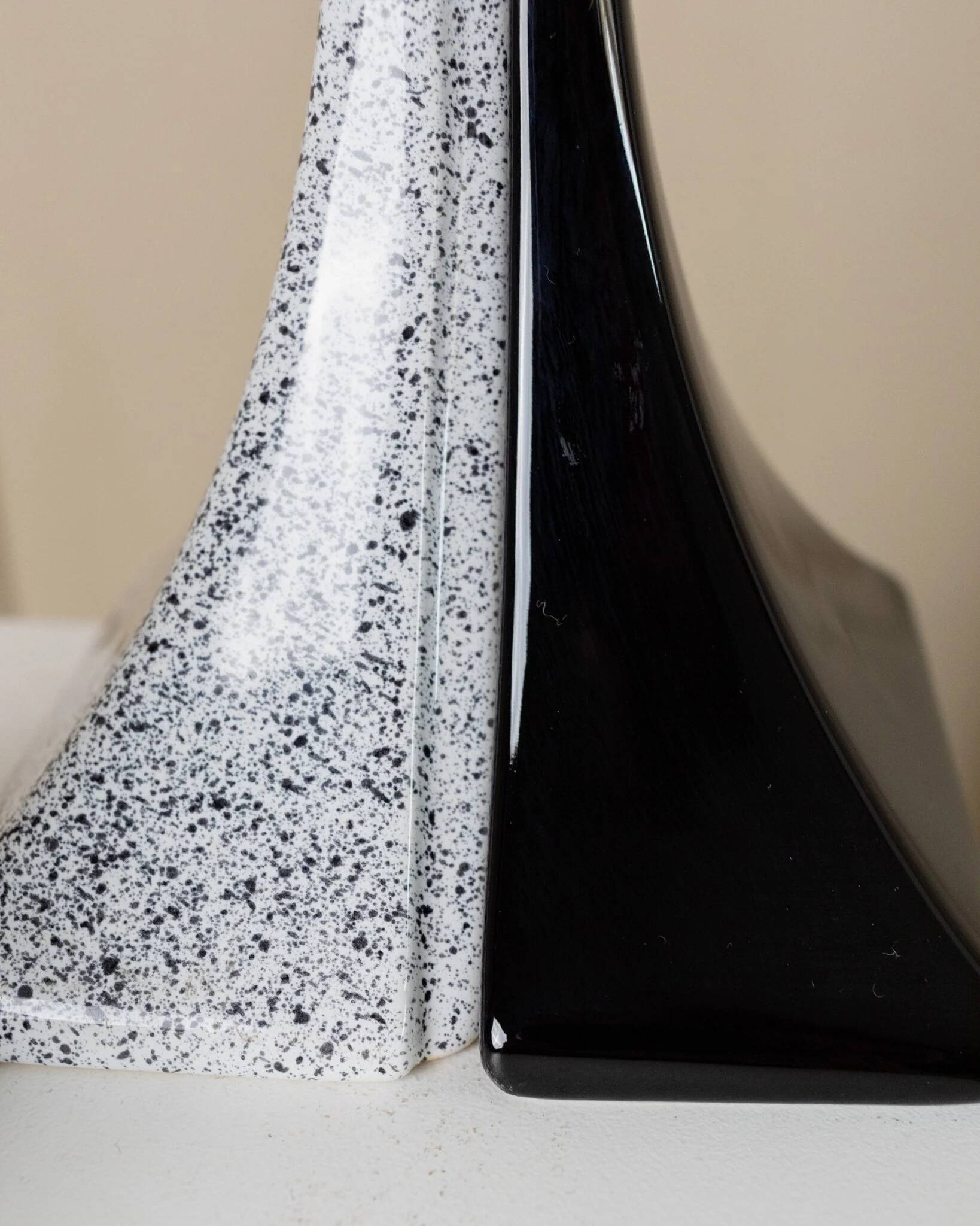 Pair of Handmade Ceramic Lamps in Black and White, 1980s Memphis-Style Italian Retro Bedside Lights