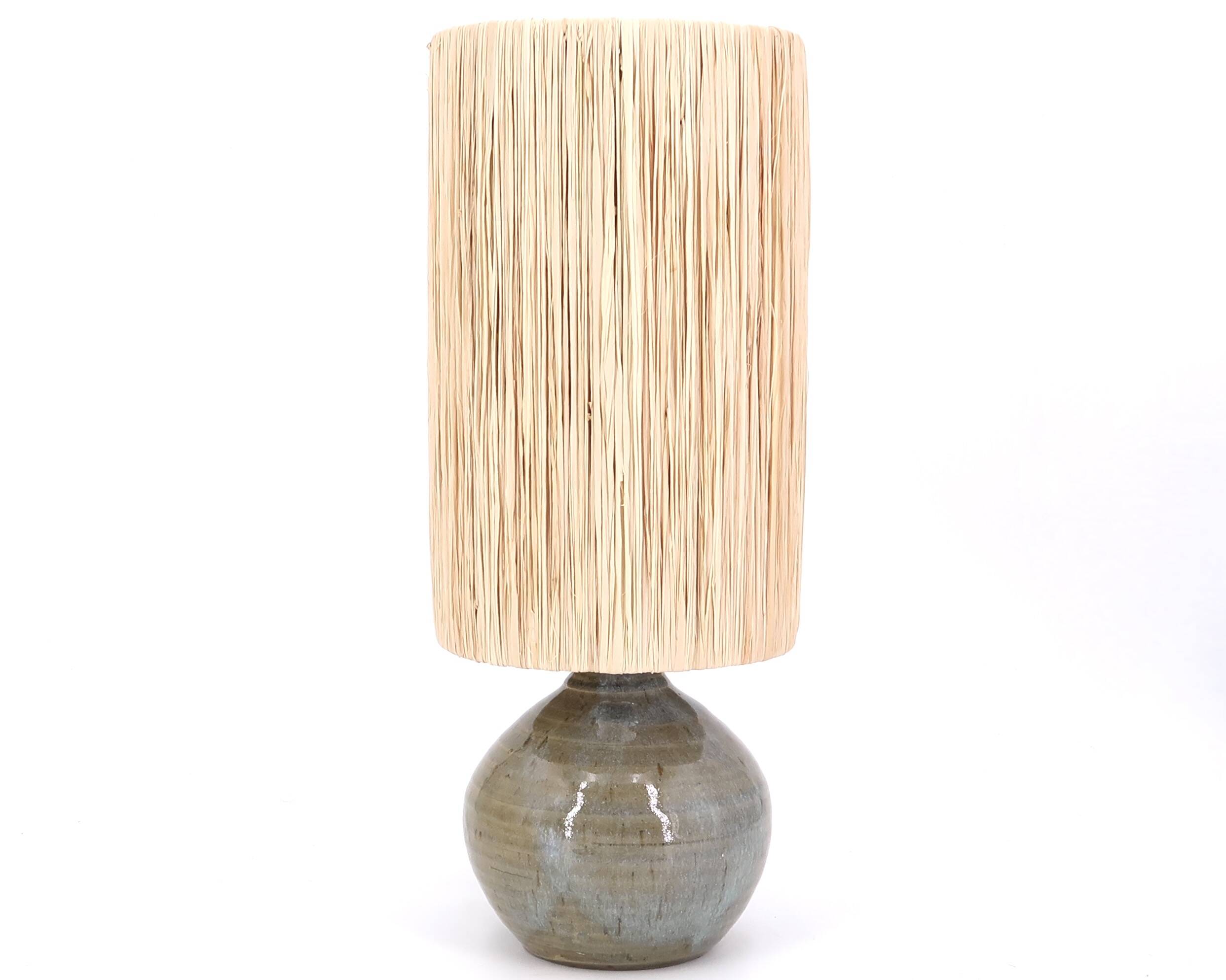 Stoneware potter's lamp, raffia lampshade, 70s ceramic