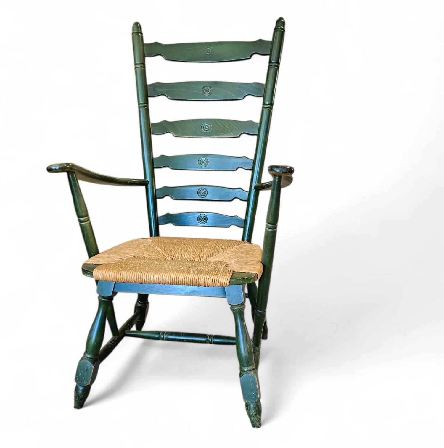 Vintage transparent green wooden arm chair / rush seat / high back ladder chair