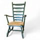 Vintage transparent green wooden arm chair / rush seat / high back ladder chair