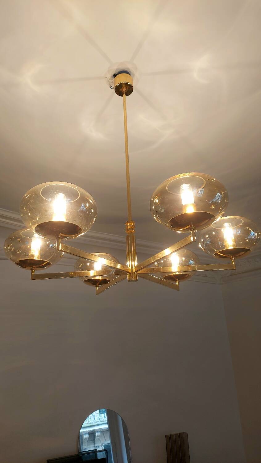6-light chandelier by Italian designer Gaetano Sciolari gilded with fine gold and iridescent and light amber glass - 1970s - Vintage
