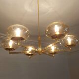 6-light chandelier by Italian designer Gaetano Sciolari gilded with fine gold and iridescent and light amber glass - 1970s - Vintage