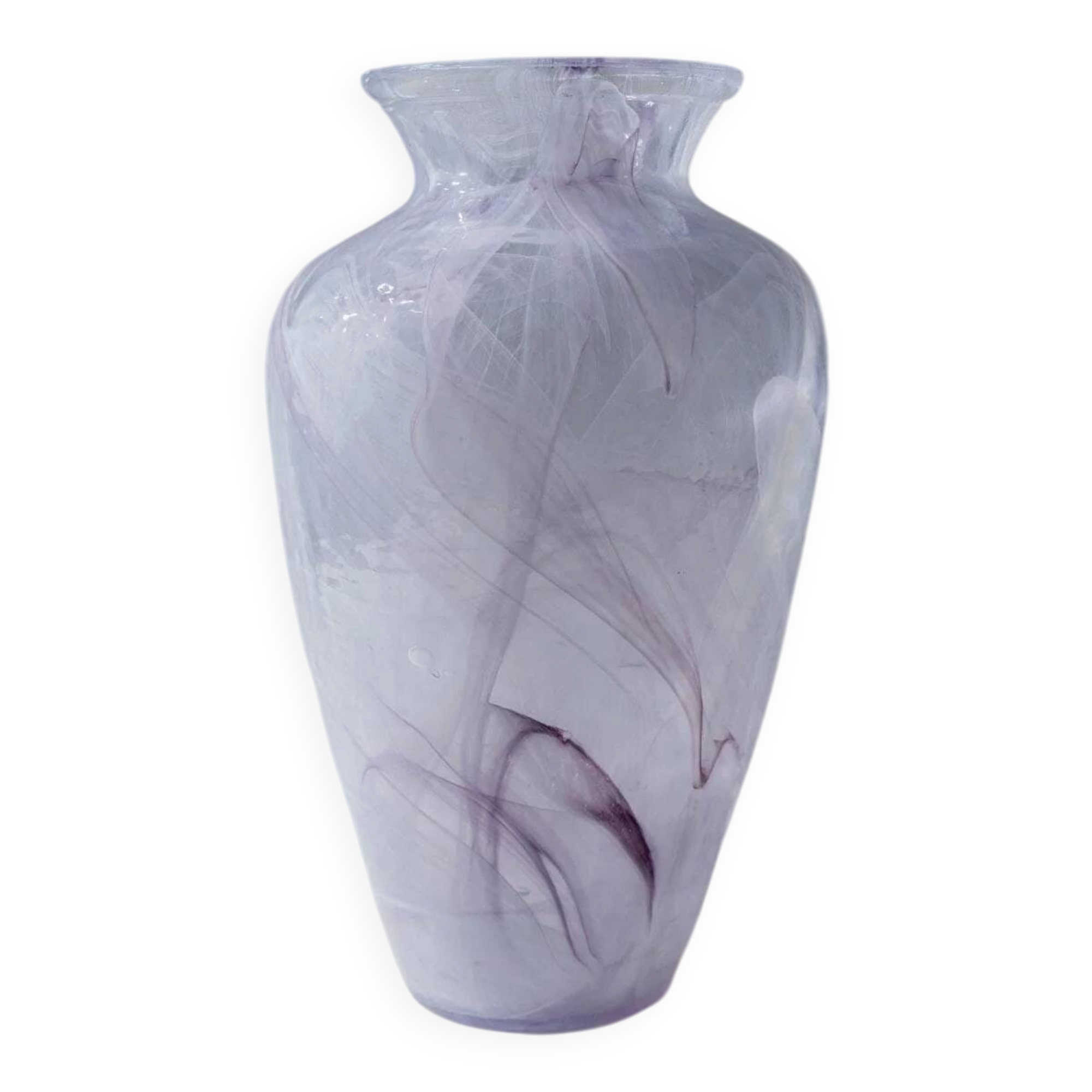 Vintage Murano glass vase from the 1970s, lilac and white swirl.