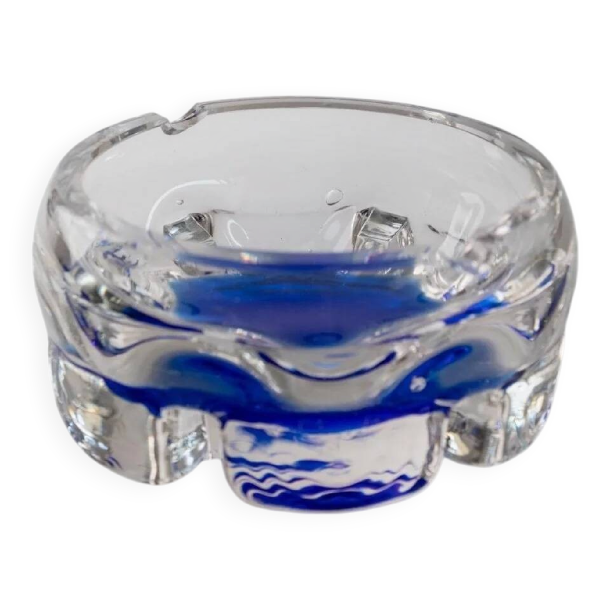 Vintage Murano Glass Ashtray: clear glass with cobalt-blue bubble, mid-century Italian design