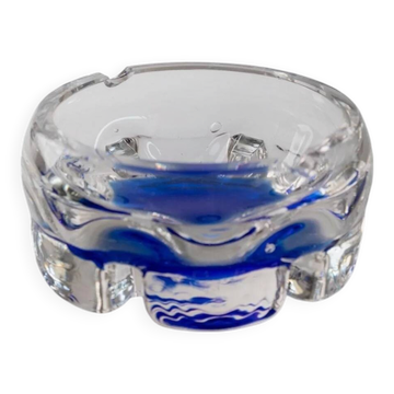 Cendrier en verre de Murano vintage : verre clair avec une bulle bleu cobalt, design italien des années 50.