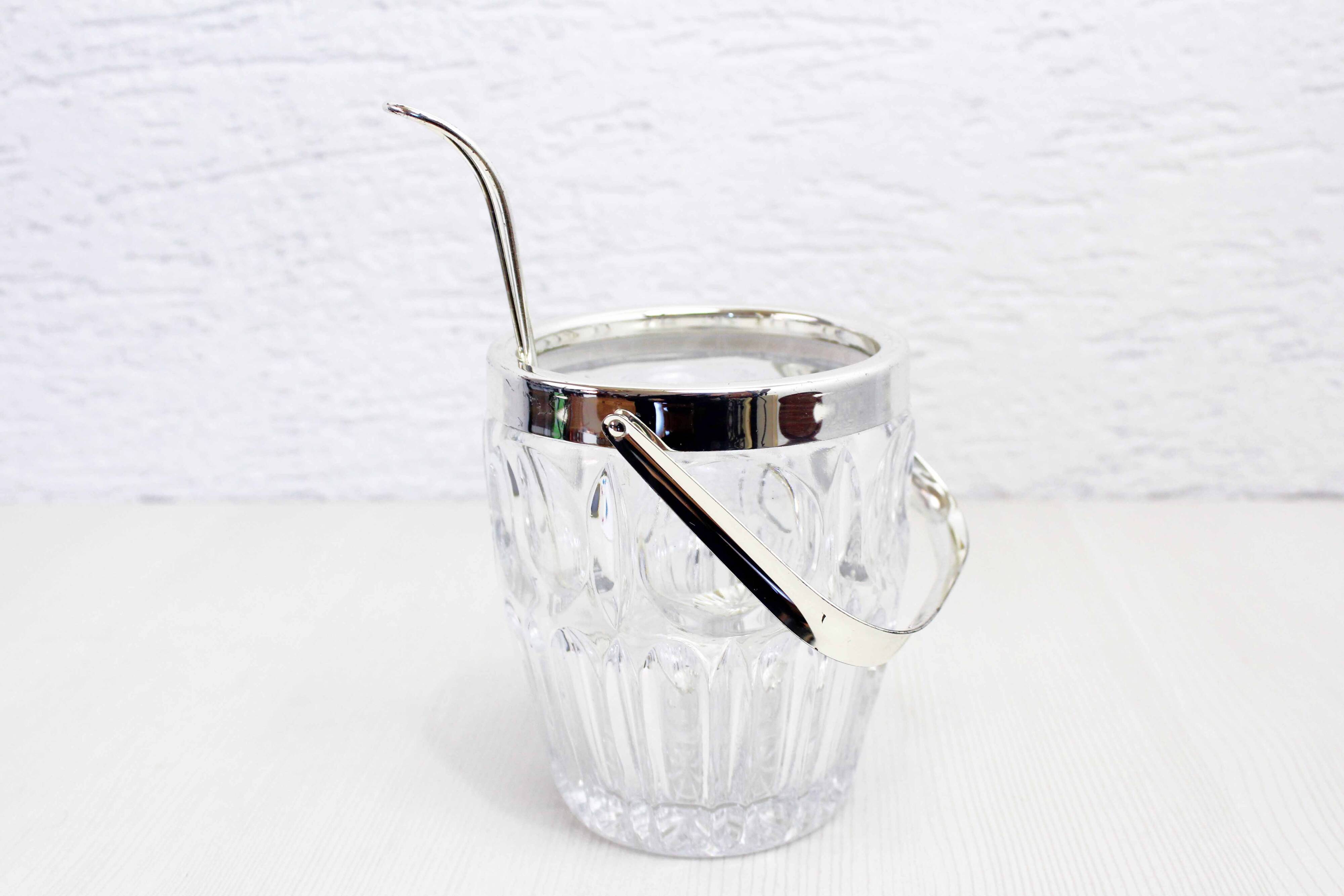 Glass ice bucket with spoon 1970